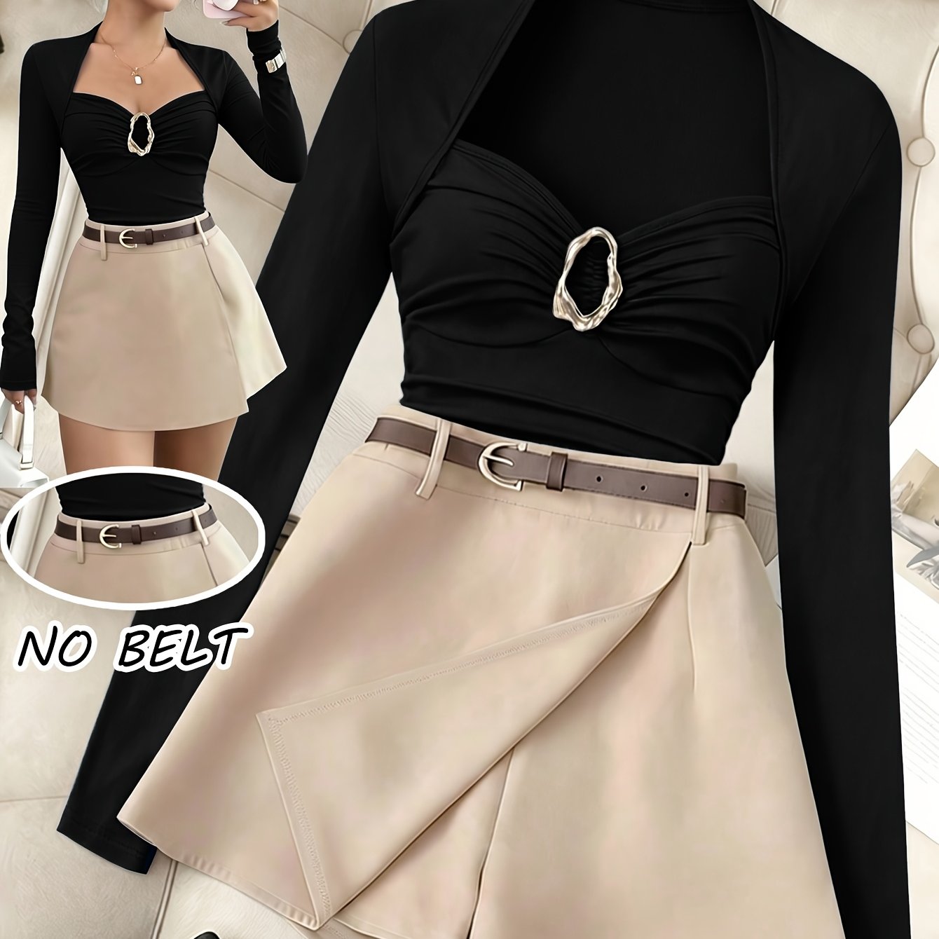 TEMU New Elegant Design Set, Square Neck Bust-contouring Slim Fit Long Sleeve T-shirt And Elastic Waist Asymmetrical Tiered Skirt Pants, Casual Sexy,