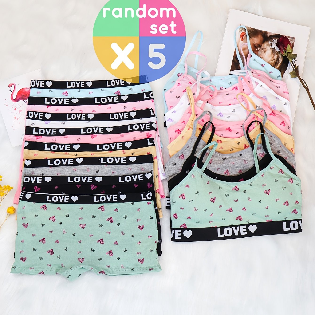 Image of 5-pack Random Mixed Color Love Heart Print Girls' Underwear Set, Camisole Top + G-string Panties, Soft And Breathable Girls' Training Bra, Suitable 10-14