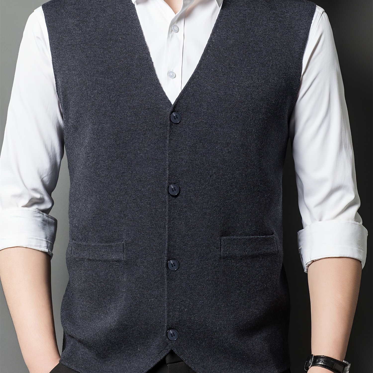 TEMU Chaleco de punto sin para hombre, diseño casual con cuello en V, botones y bolsillos, tejido de punto mezclado con terciopelo de oveja, color