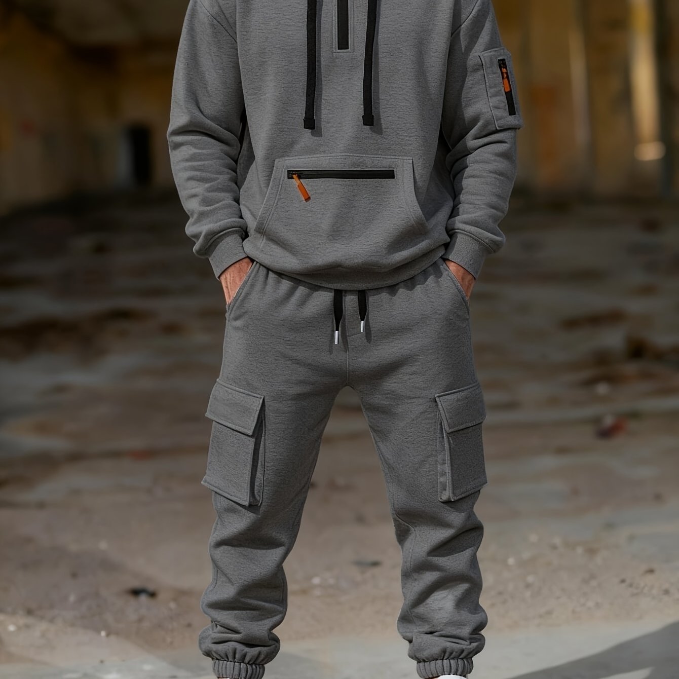 TEMU Ensemble de loisirs d'hiver épais doublé pour homme, survêtement cargo ample à plusieurs poches avec haut à capuche