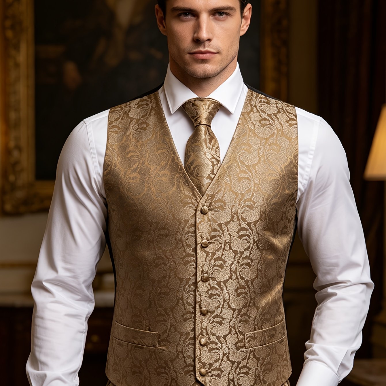 Image of Plus Size Men's Elegant Camel Floral Jacquard V-neck Waistcoat Vest & Tie & Pocket Square 3pcs Set, Formal Outfit For Wedding, Banquet