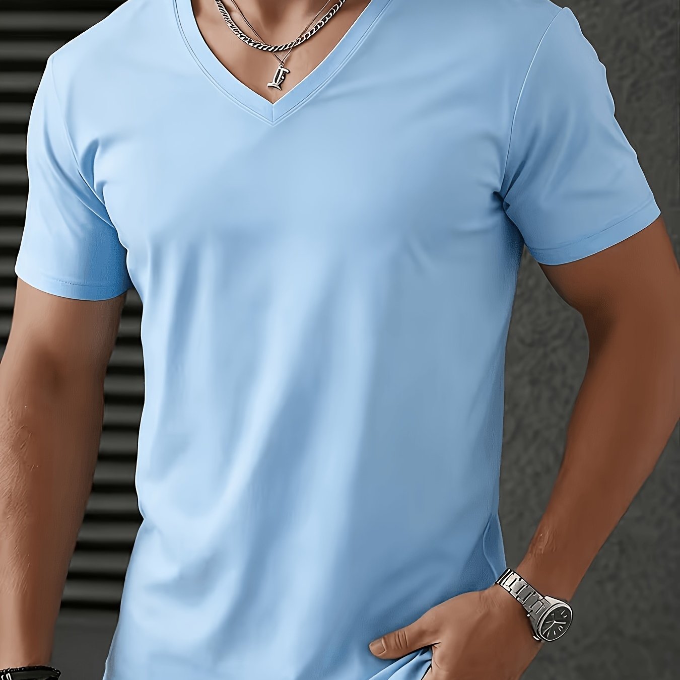 TEMU [printed Design - Not Textured] Men's V-neck T-shirt Short Sleeve Top, Summer Base Layer Factory Made, Men's Man Comfortable High-quality Rate