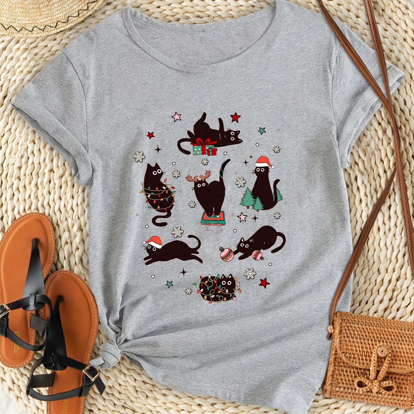 TEMU Women's Plus Size Casual Summer T-shirt, 6 Christmas Cats Print, Round Neck, Stretch Polyester, Animal Pattern, Knit Fabric, Fashionable Loose