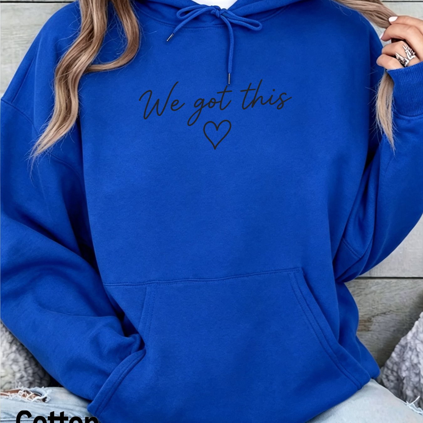 Image of Autumn Women's Fashionable Loose Drop-shoulder Hoodie With '' Text And Heart Print, Warm Casual Pullover Outerwear With Pockets And Drawstrings