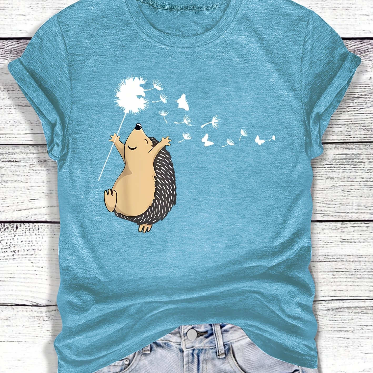TEMU Women's Short-sleeved T-shirt Dandelion And Fun Hedgehog Print Fashion Daily Cute Elegant Women's Spring, Summer And Autumn Casual Sports Style