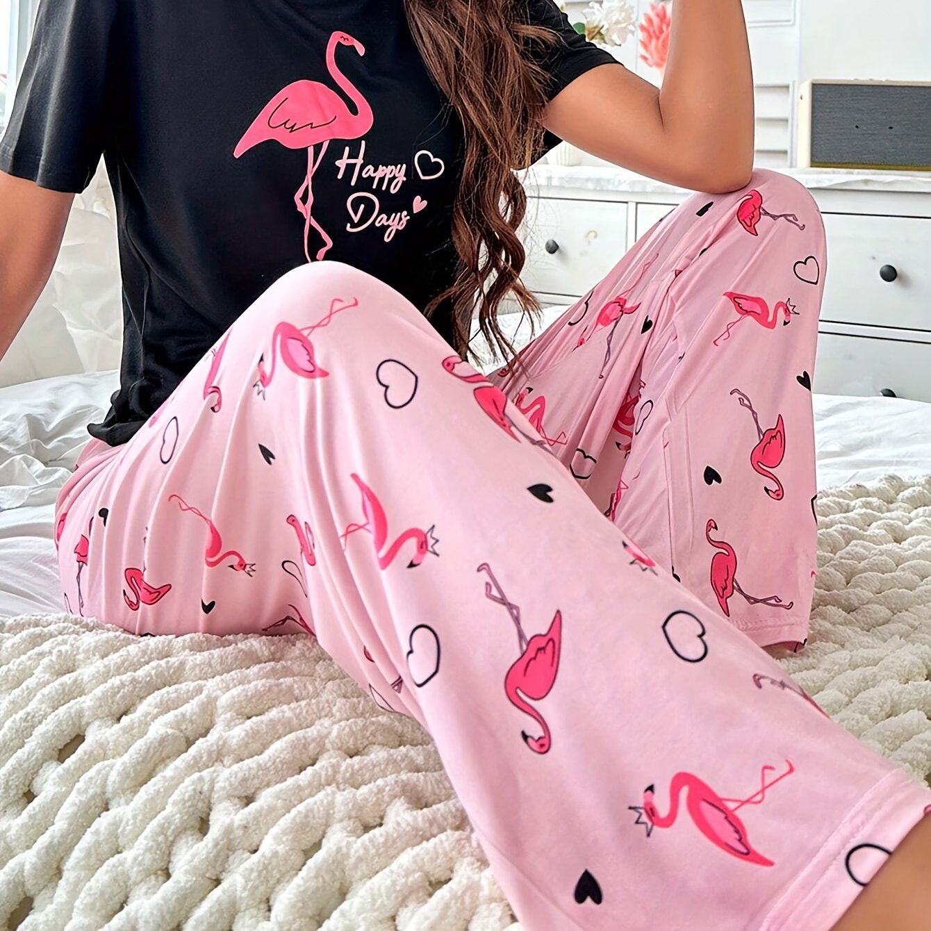 Image of Cartoon Flamingo Print Short Sleeve Top And Loose Pants Pajama Set
