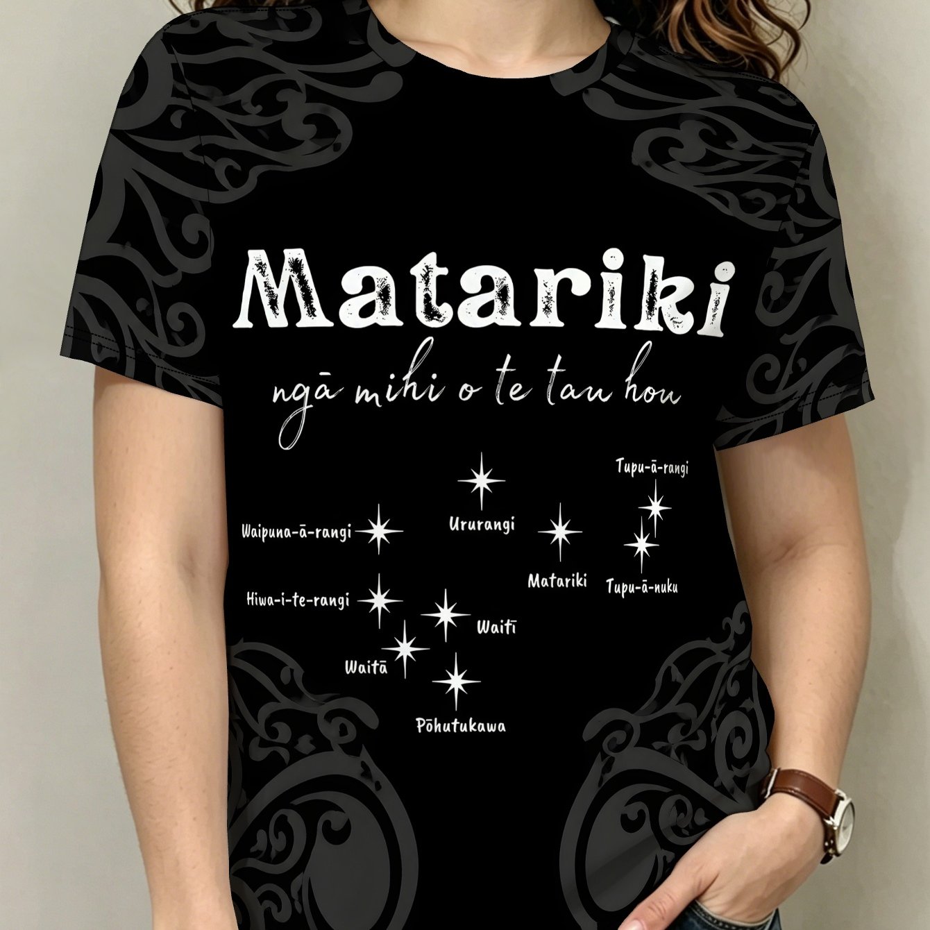 TEMU Women' Maori New Year T-shirt - Short Sleeve Full-body Maori Cultural Print Top, Casual Summer Suitable For S & Casual Attire, Machine Washable