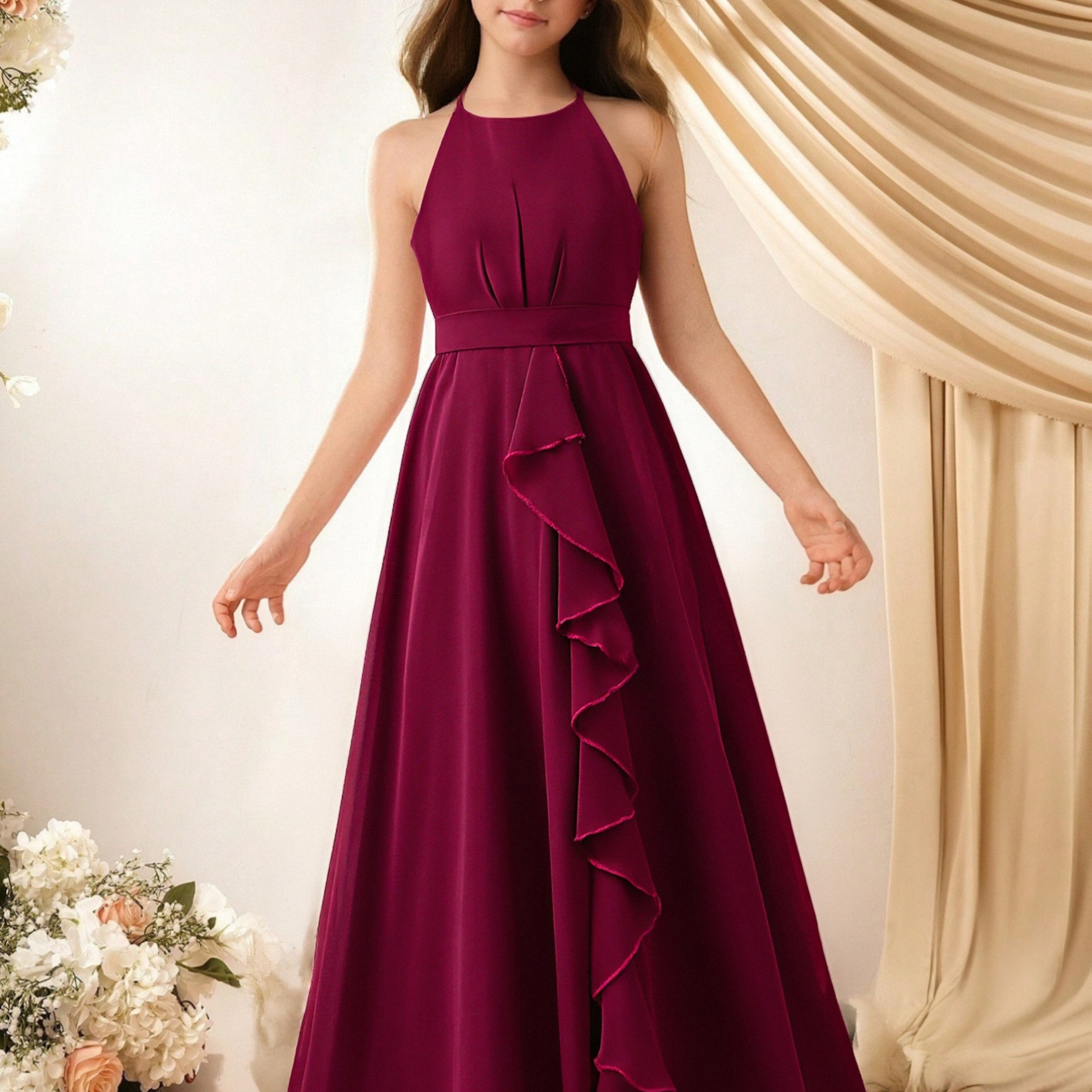 Image of /summer Women's And Big Kids' Halter Neck Ruffle Hem Long Elegant Dress, Simple Dress With Free Waist Belt
