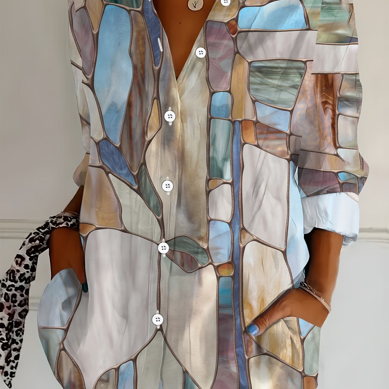 TEMU Plus Size Women's Long Sleeve Shirt, Abstract Print Texture Mid-length Blouse, Pastel Casual Soft And Comfortable Inner Shirt For Spring And