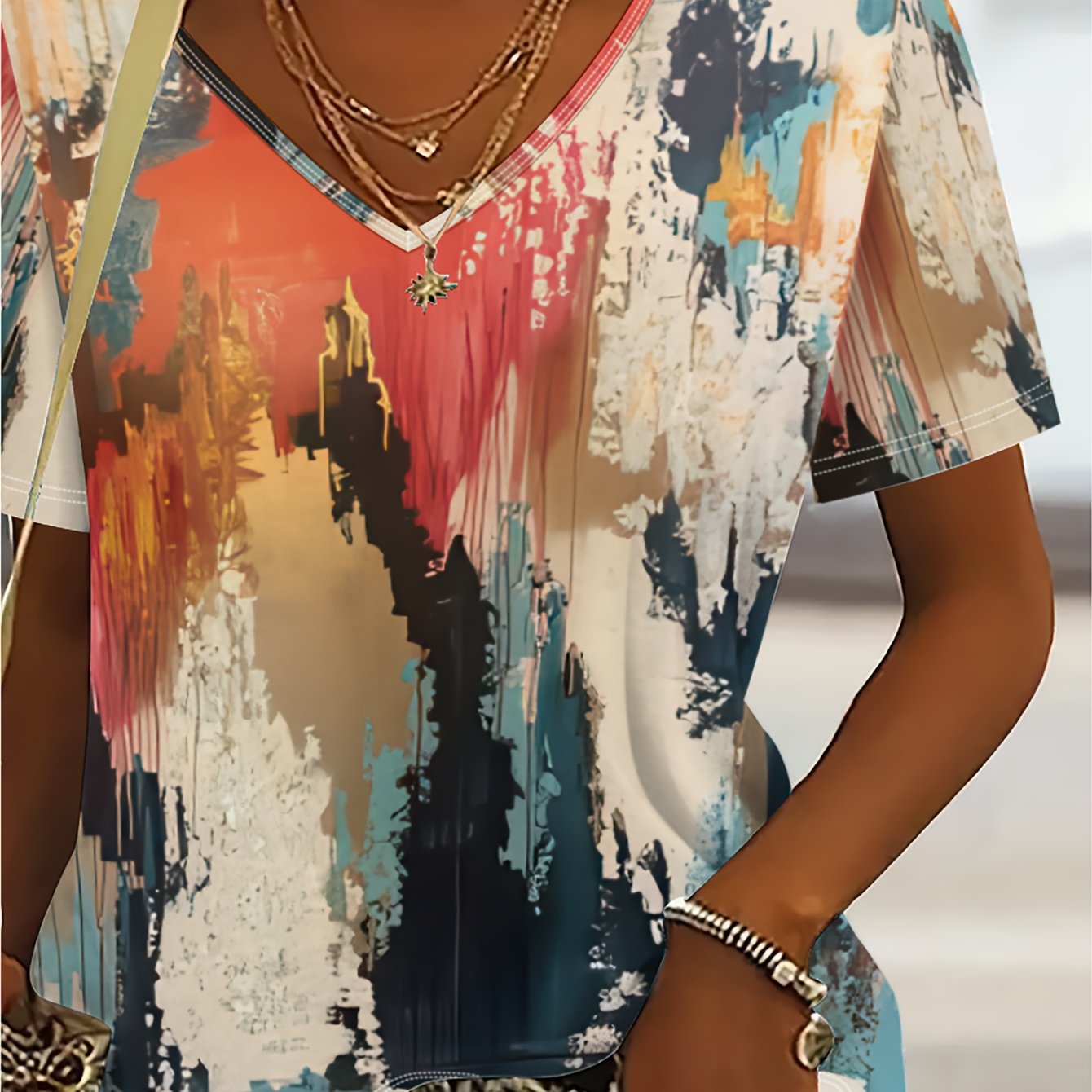 E-shop Plus Size - Plus Size - Damen Sommer Neue Plus Size Damenmode Bedrucktes Lässiges V-Ausschnitt Kurzarm T-Shirt Leichte A-Linie