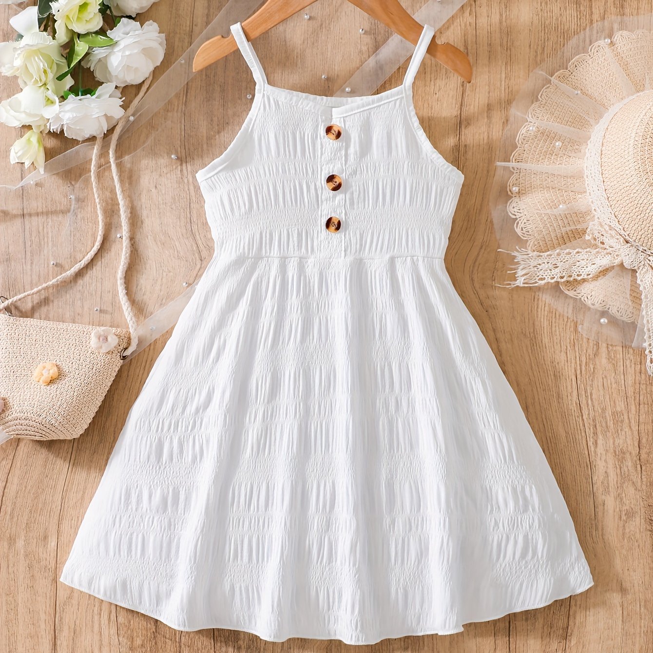 Image of Summer Dress With Thin Straps And Solid Color, With Buttons For