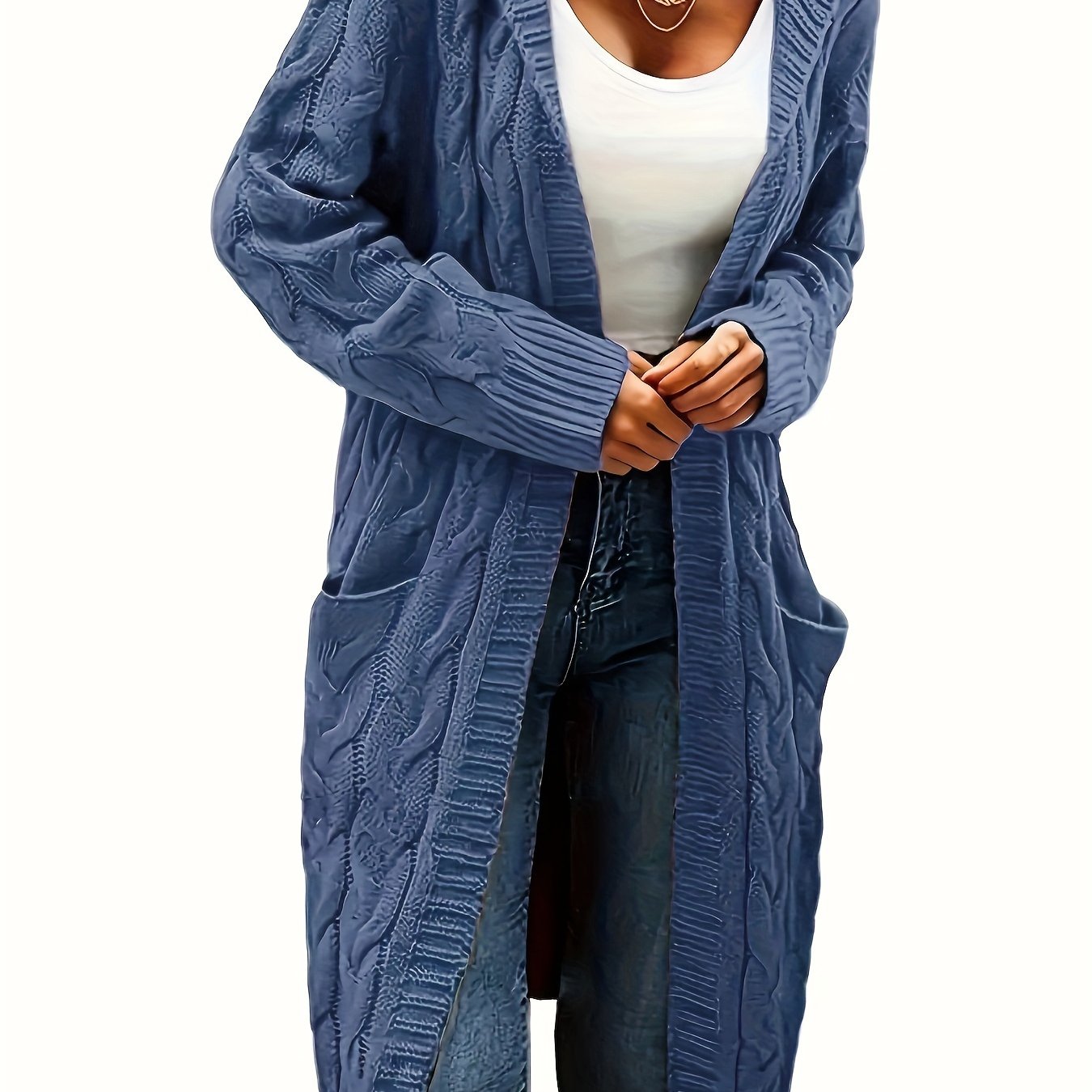 TEMU Plus Size, Women's Mid-length Hooded Cardigan With Button-detail Pockets, Long Sleeves, Solid Color Casual Outerwear