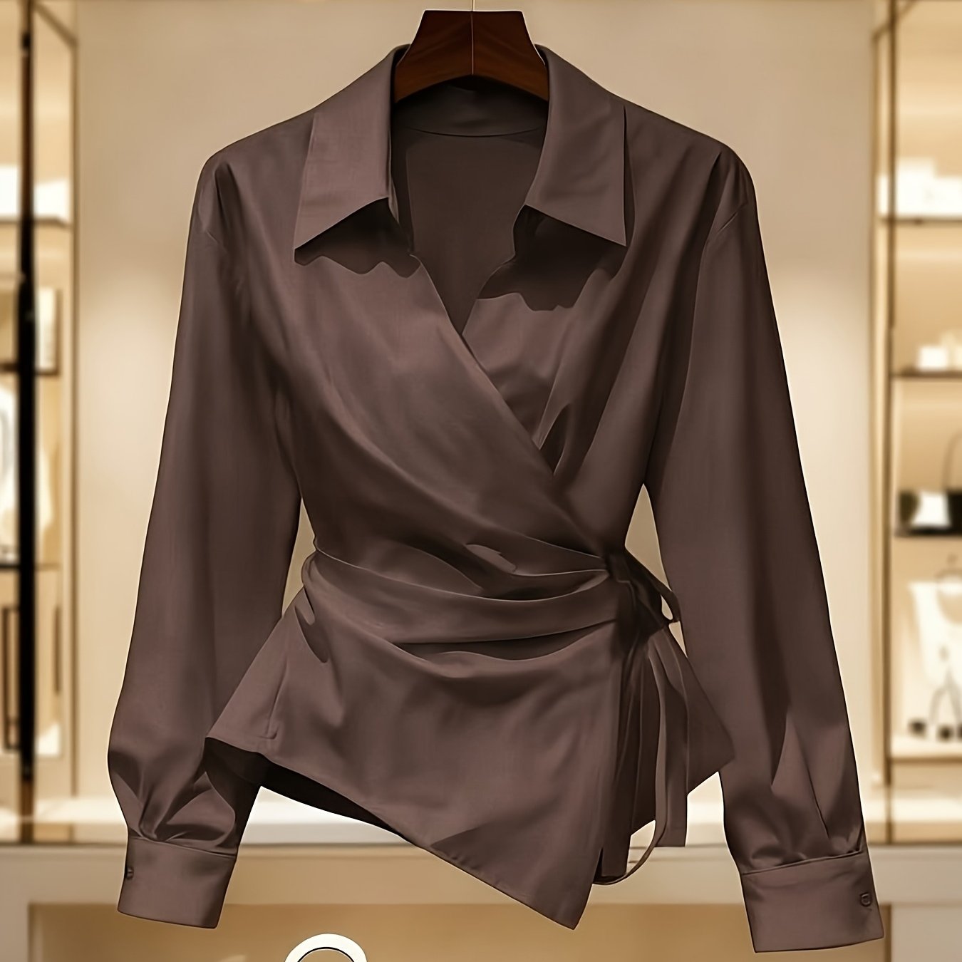 TEMU Women's Long-sleeve Wrap Top, Regular Fit, Featuring An Elegant Neckline And An Asymmetrical Hem.