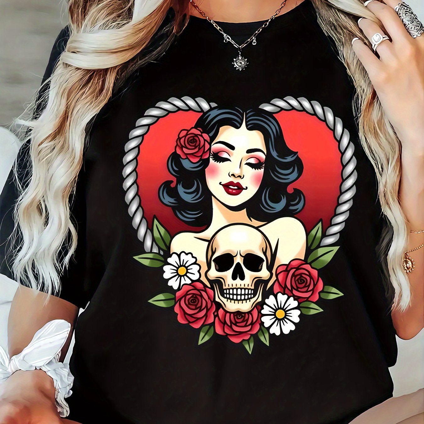TEMU Plus Size Women's Casual T-shirt With Gothic Skull & Floral Print - Black, Short Sleeve, Round Neck, Stretch Knit Fabric, Comfortable Top For