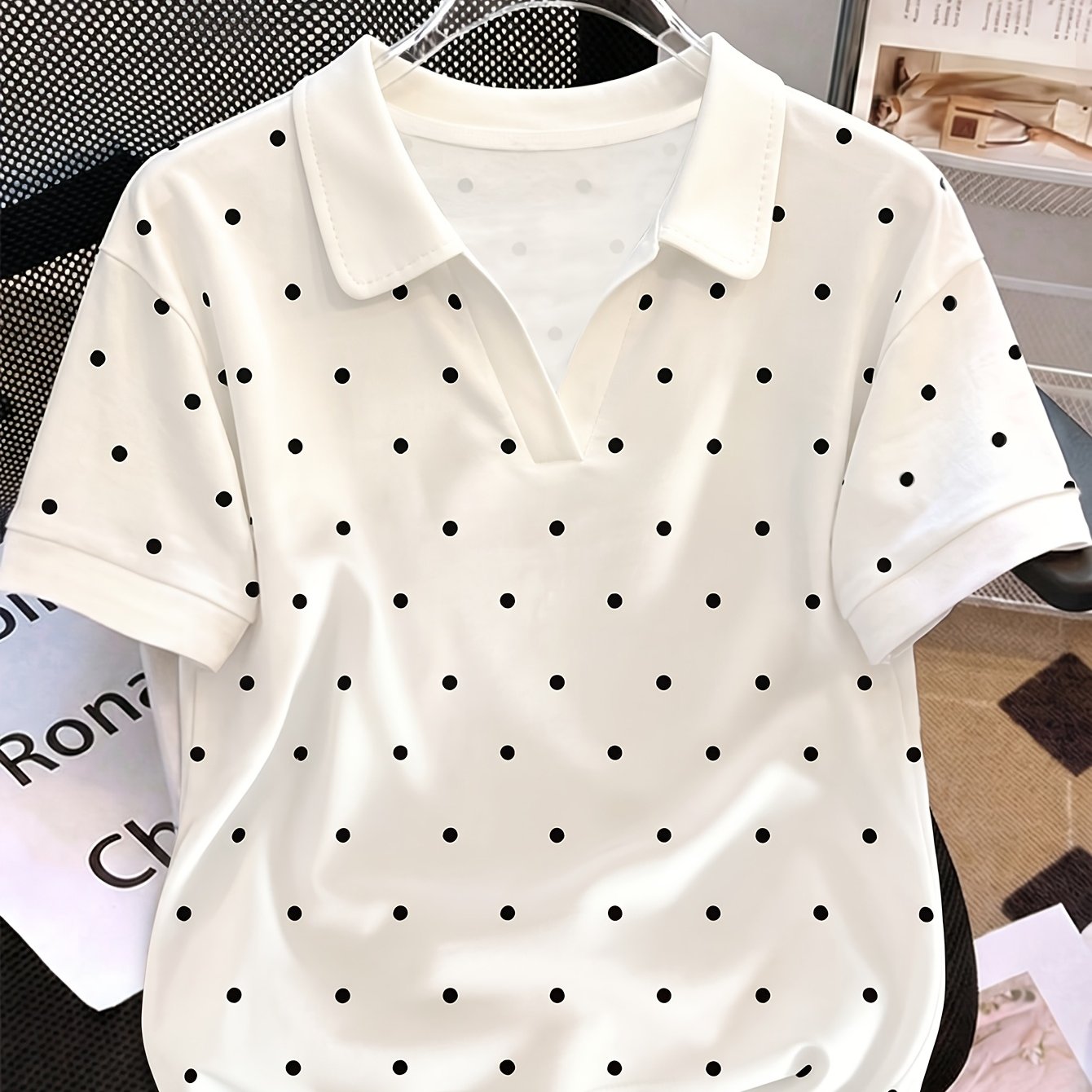 TEMU 2026 Fashionable Elegant Women's Trendy New Style Easy Polka Dot Casual Versatile Neck Short Sleeve T-shirt