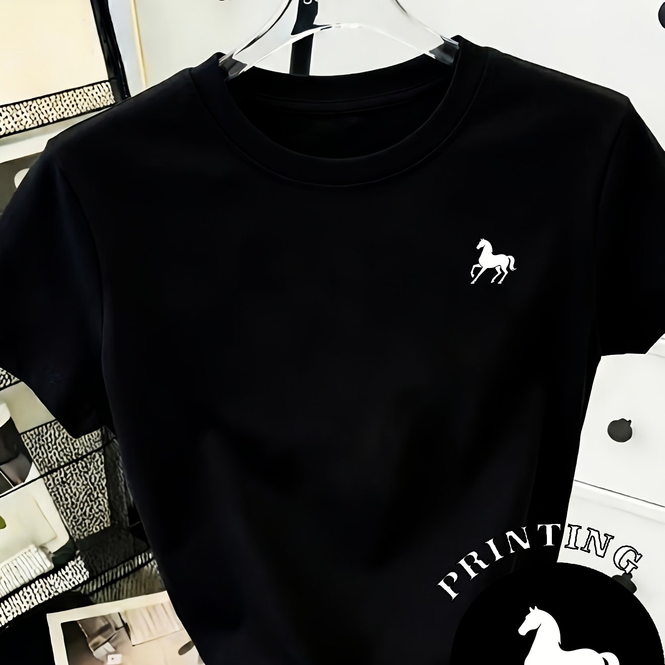 TEMU 00008- Horse Print Women's T-shirt, Round Neck Short Sleeve Top, , Daily Half Sleeve, /summer -ldh3821