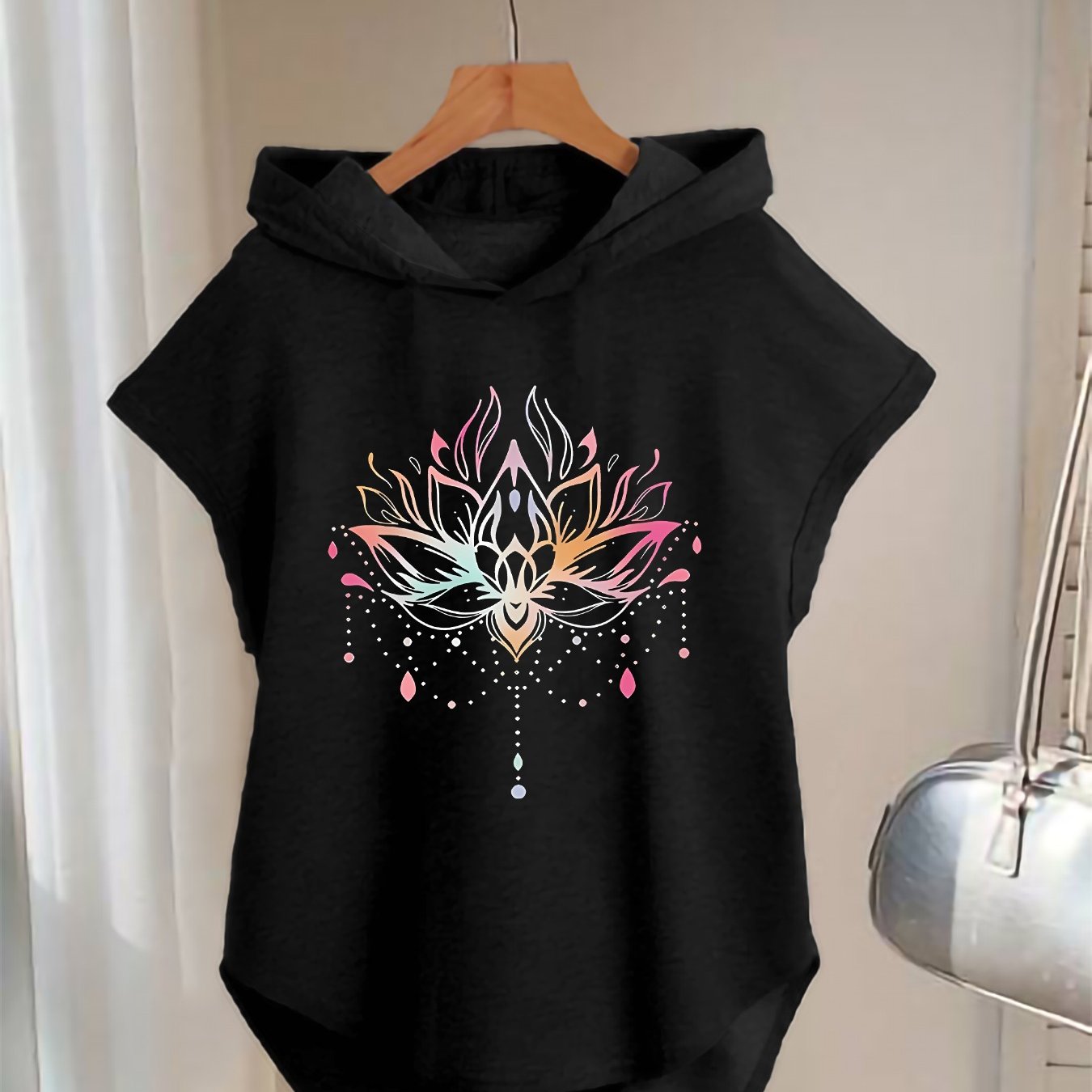TEMU 1pc Fashionable Women's Style Multicolor Gradient Lotus Pattern Printed Hooded Batwing Vest, , Colors, Casual Fit, Casual Wear, Stretch Fabric