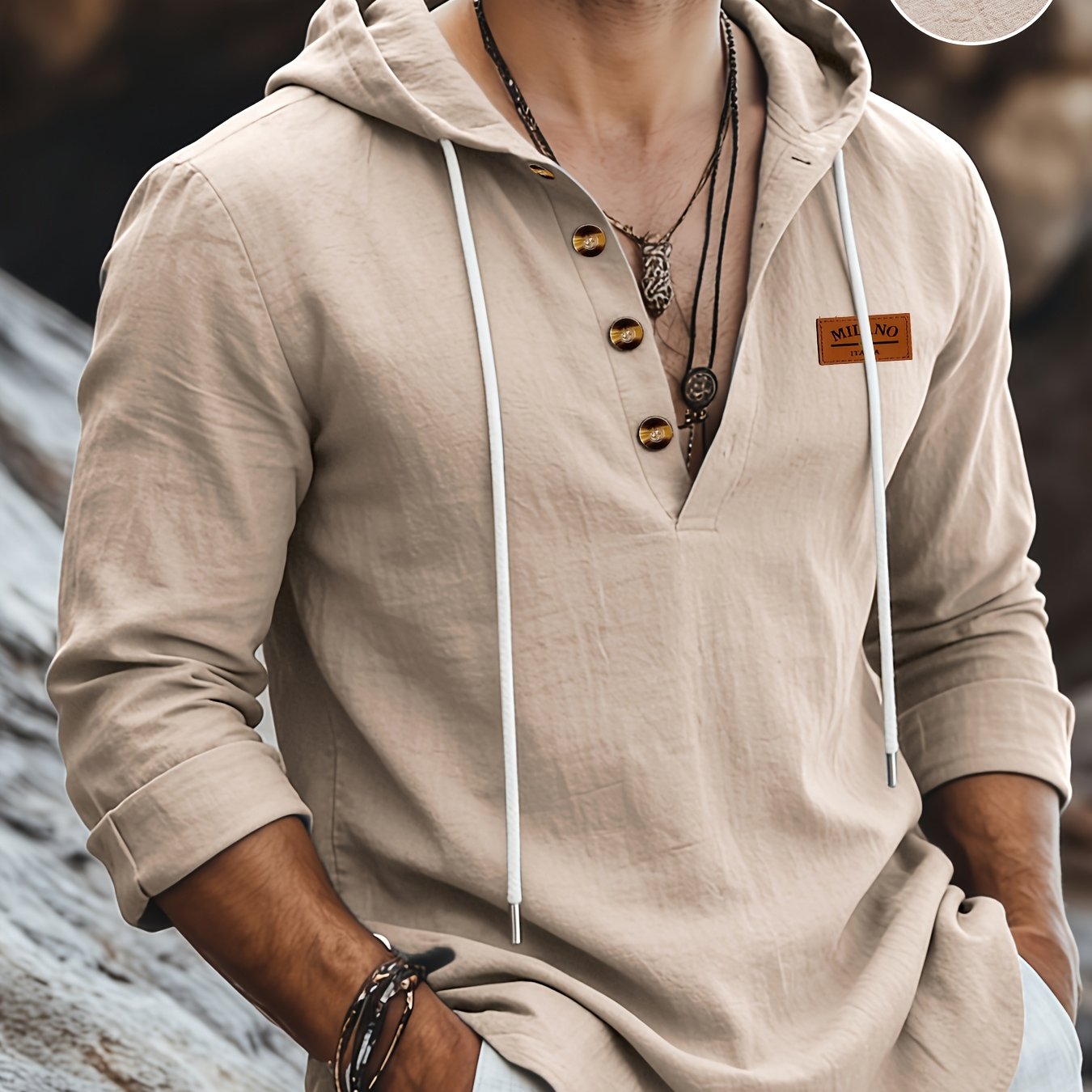 TEMU Men's Fashion Hoodie Linen Long Sleeve Hooded Top Shirt Henley Shirt Linen Texture Hooded Henley Long Sleeve Shirt Men's Half Button Wooden