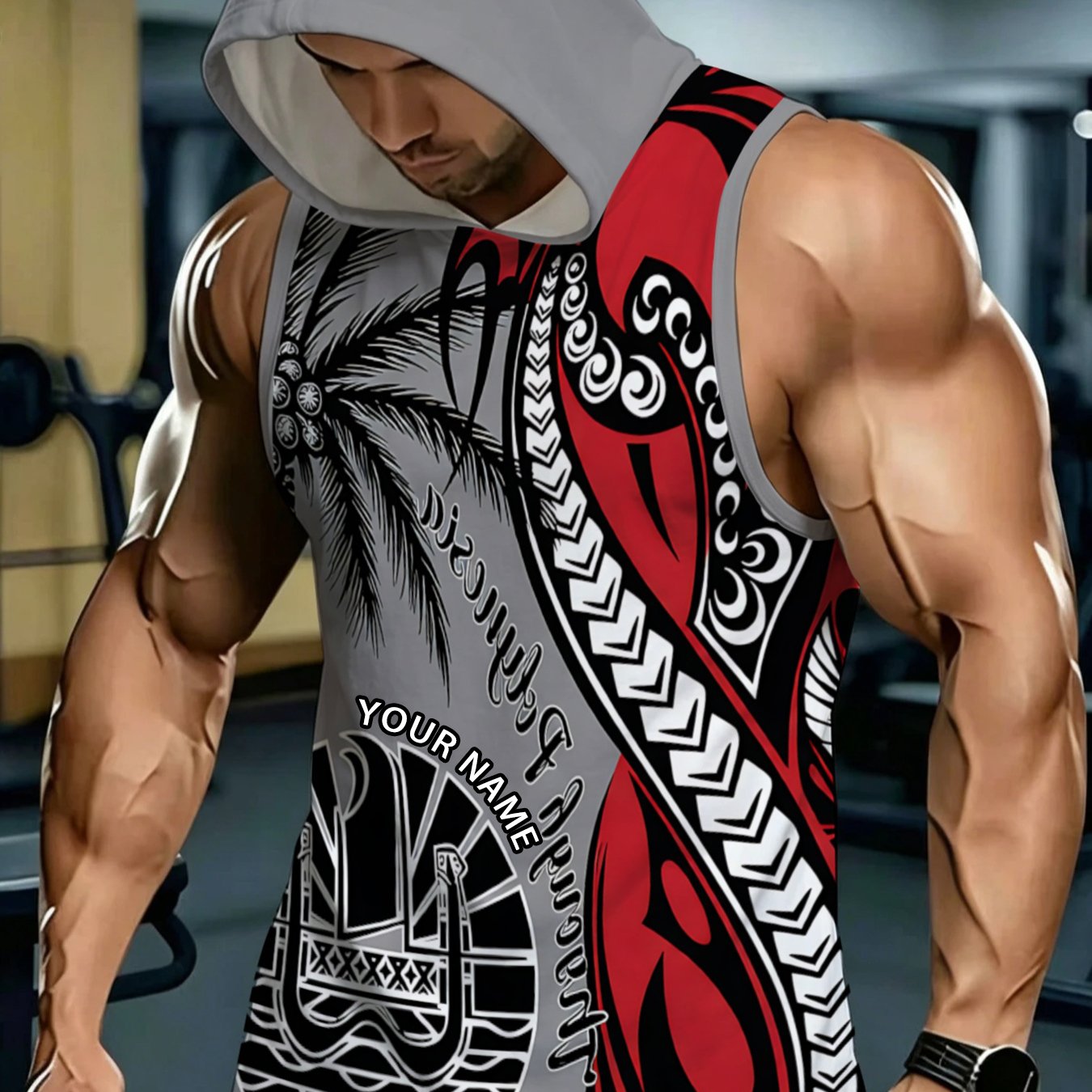 TEMU Men's Fashion Hoodie Sleeveless Hooded Vest, Polynesian Totem Palm Tree Island Ethnic Style, , Customizable For Personal Hobbyists, Diy Name,
