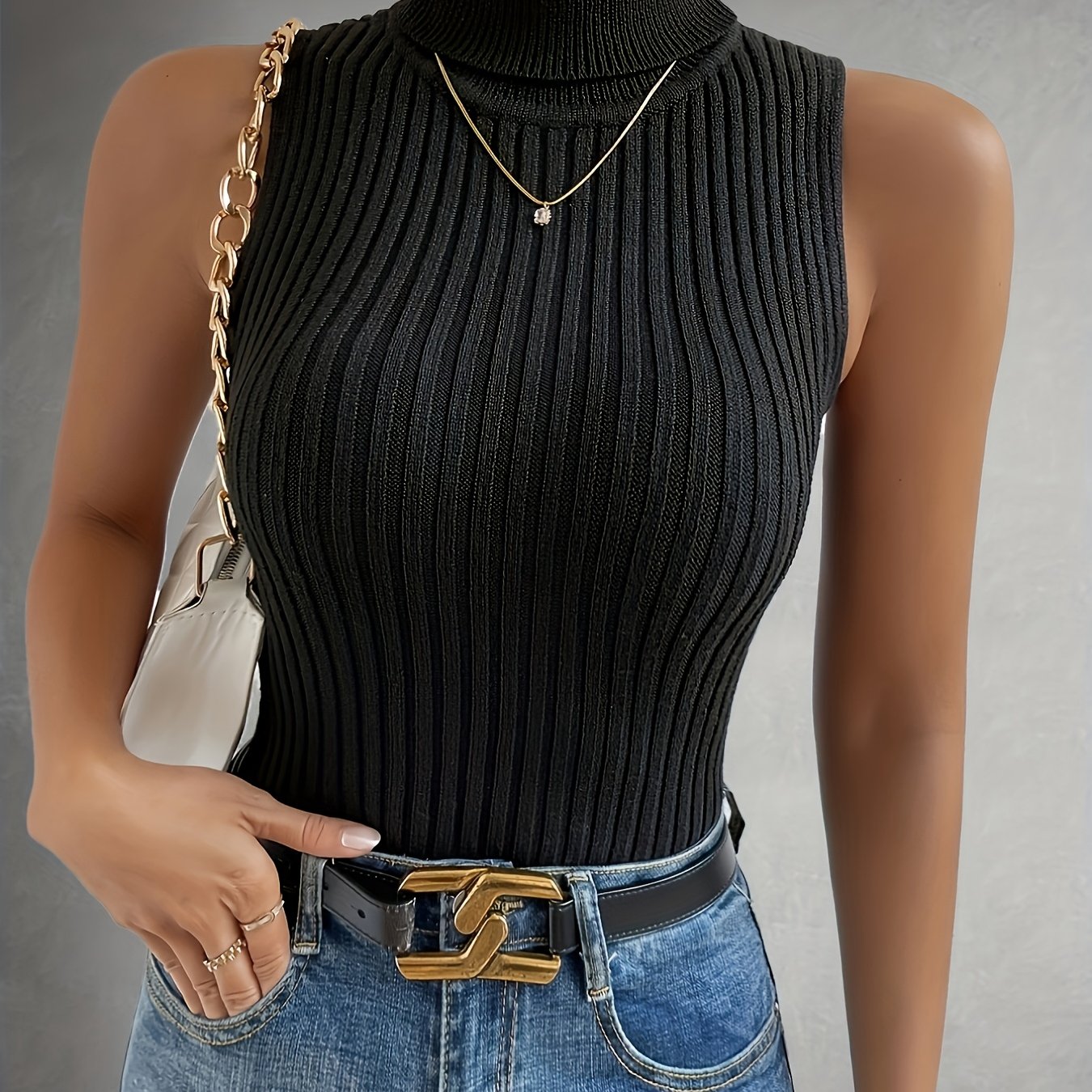 Tenggongchi Elegant Directional Style, Women's Spring Neck Sleeveless Fitted Solid Color Vest