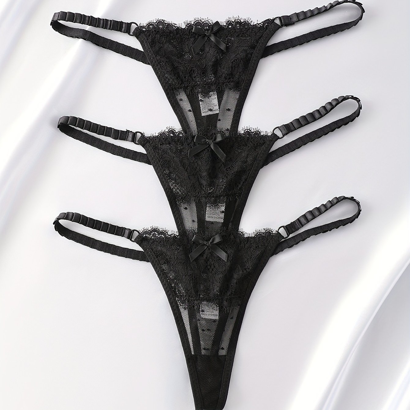 Image of 3pcs Set Women's Black Lace Thong Panties | Bow Embellishment, Sexy Hollow Low-waisted, Comfortable, Light, Breathable, Traceless