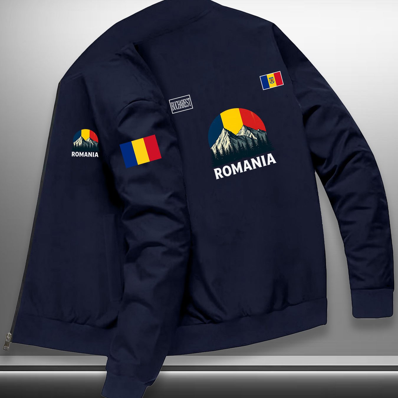 TEMU Men's Romania Flag & Emblem Jacket With Romanian National Symbols (bear & Map Print) - Lightweight Zippered Outdoor Coat For Hiking, Training,