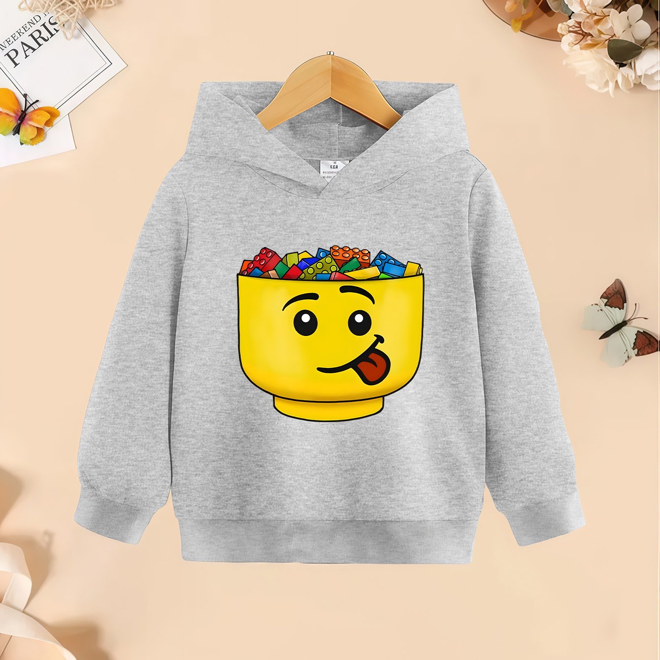 TEMU LEGO-inspirierte Kapuzenjacke mit ikonischem Blockcharakter & verzahnten Bausteinen Druck – Weiches Mikroelastikstoff, Langarm Casual