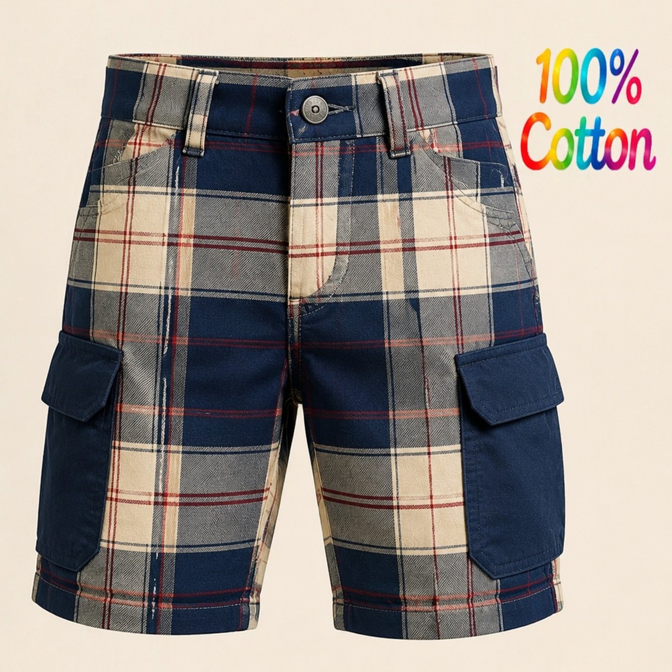Image of The 2026 Men's Cargo Shorts (no Belt) Are Versatile 3d Printed Shorts Suitable For Work And Leisure. Shorts Feature A Contrasting Plaid Design And Multiple Practical Pockets Everyday Needs