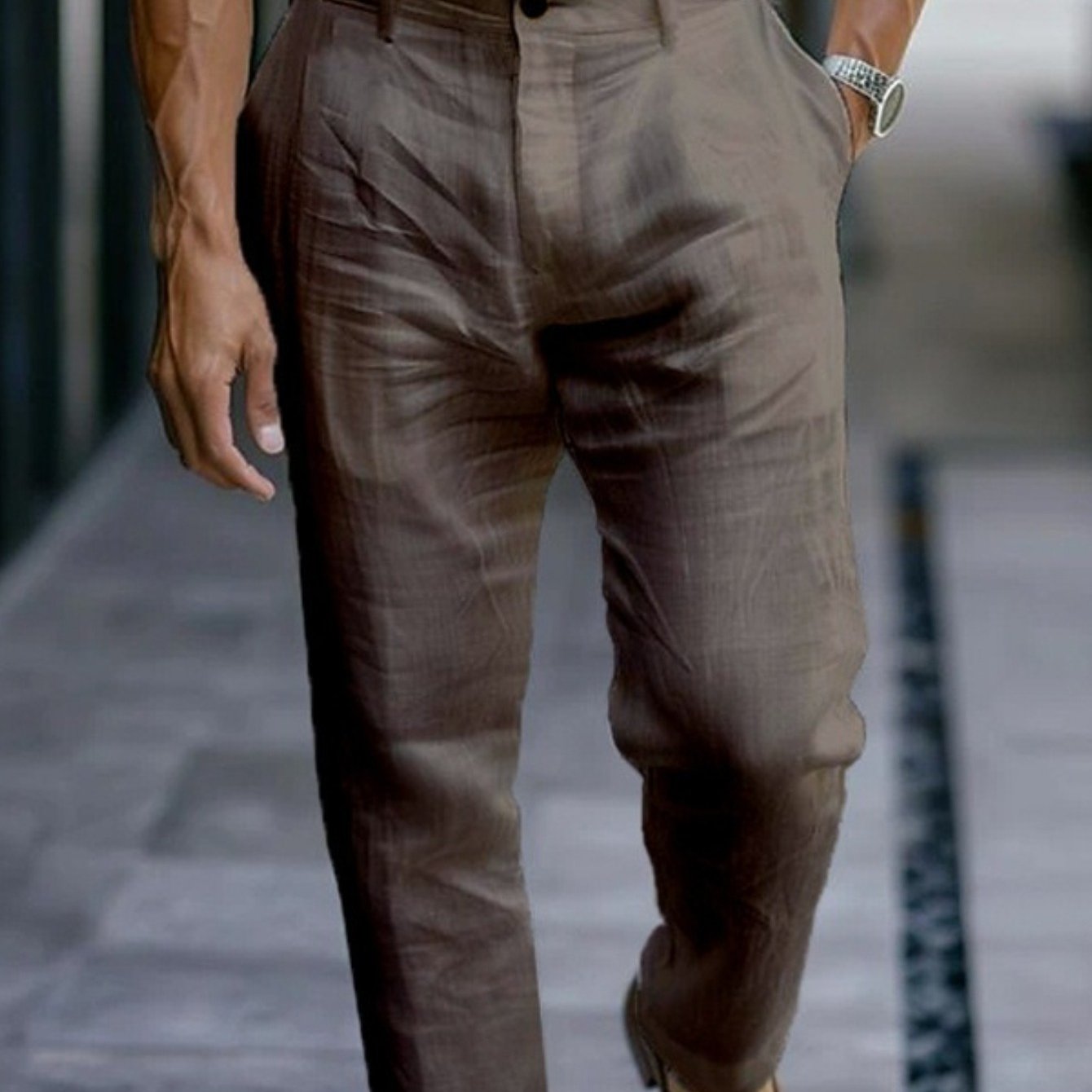 Image of Men Summer Linen Casual Pants Lightweight Breathable Solid Color Trousers, Slant Pockets, Loose Fit For Everyday, Outdoor And Travel, Perfect Father Day Gift