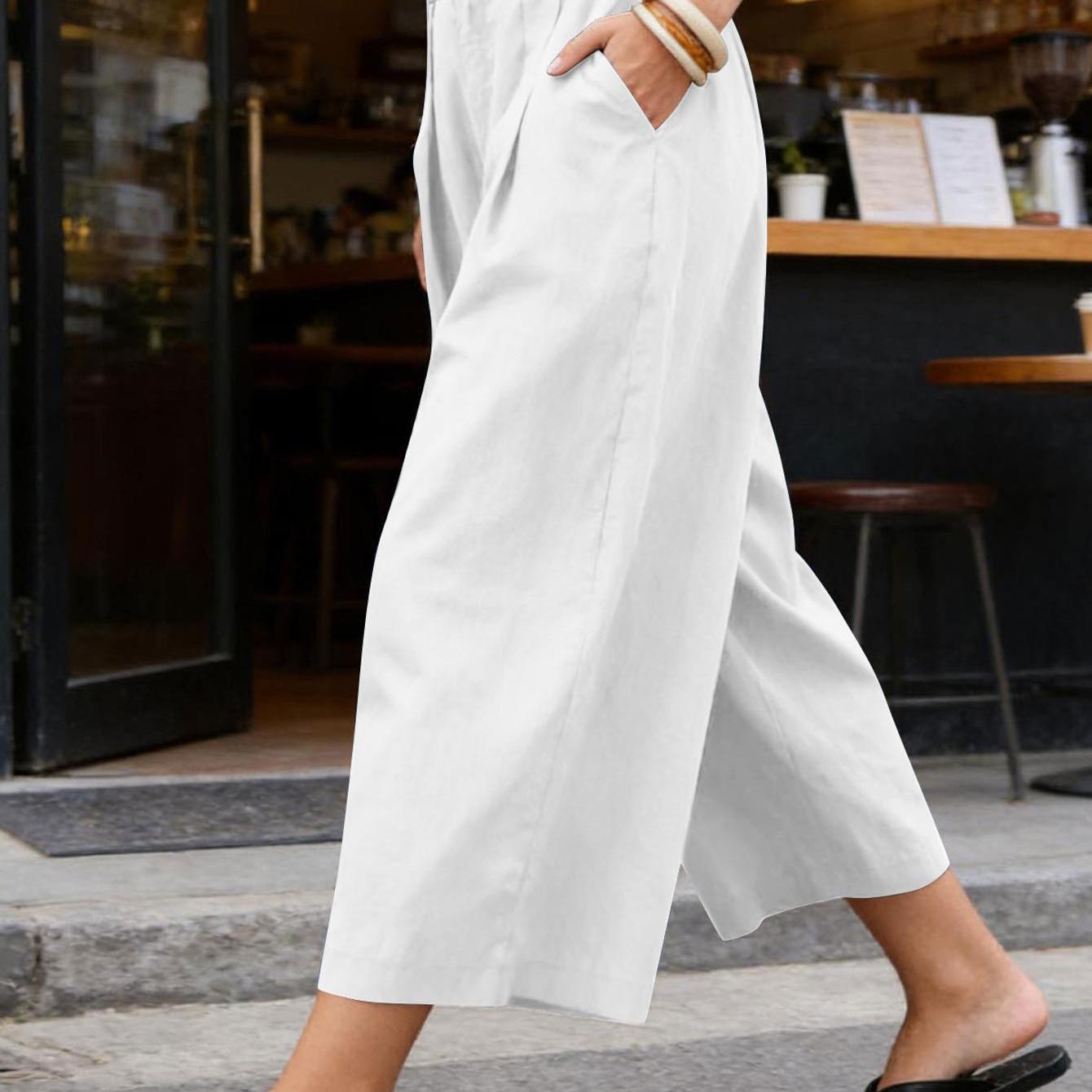 Image of Women's High Waisted Capri Pants, Wide Leg Cropped Trousers With Pockets, Casual Loose Fit Summer Pants For Beach & Daily Wear