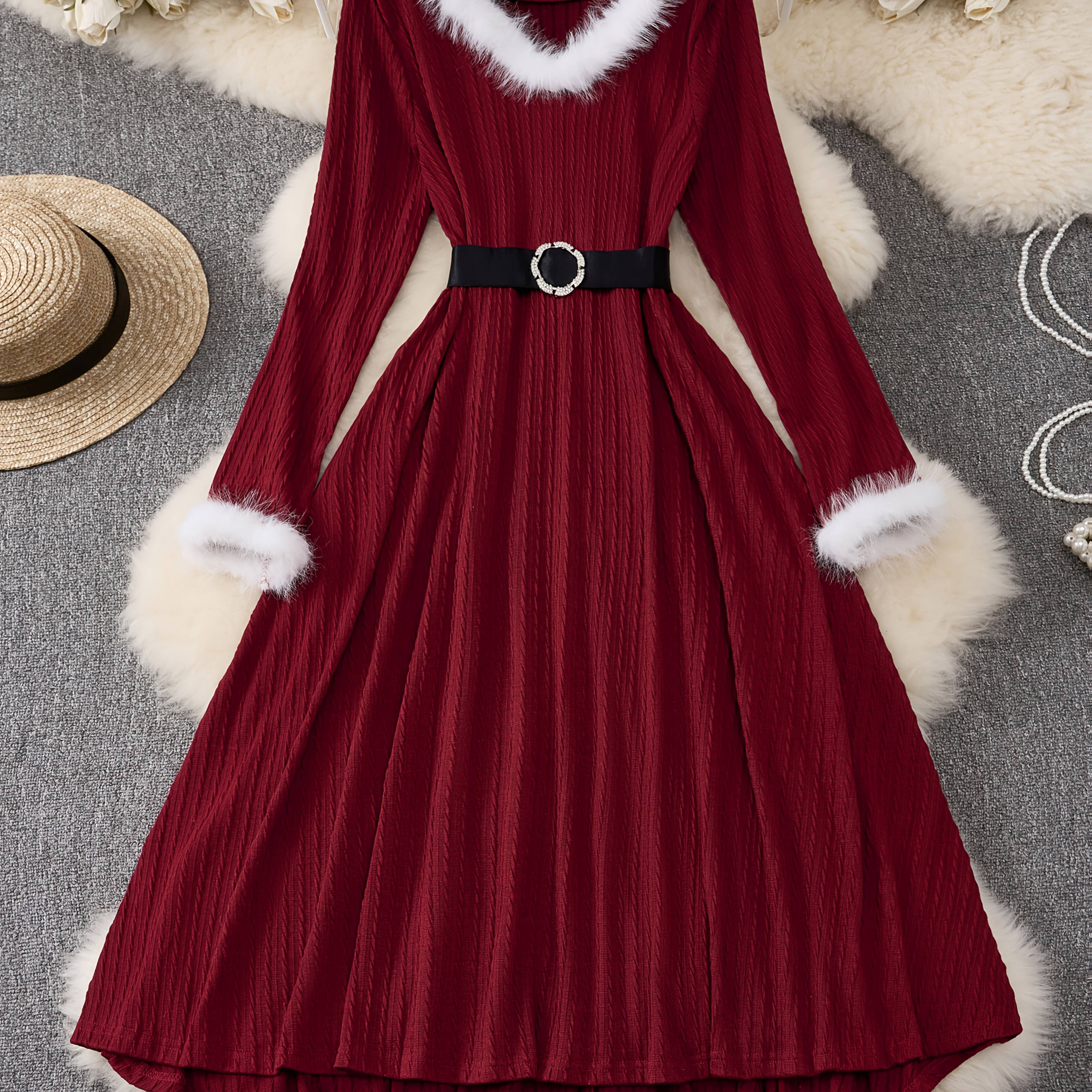Image of Plus Size - Plus Size - Oudong Halloween Special Plus Size Women's Christmas Evening Swing Dress Jacquard Trimmed Long Sleeve V-neck Dress With Belt