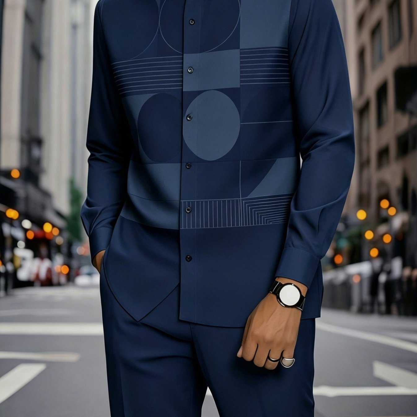 Image of [2pcs Set]men's Spring/-up Collar Long-sleeve Shirt And Trousers Set. Collar Button-up Shirt Set Features Geometric Art Digital Printing, Suitable Vacations, Casual Gatherings, And Daily