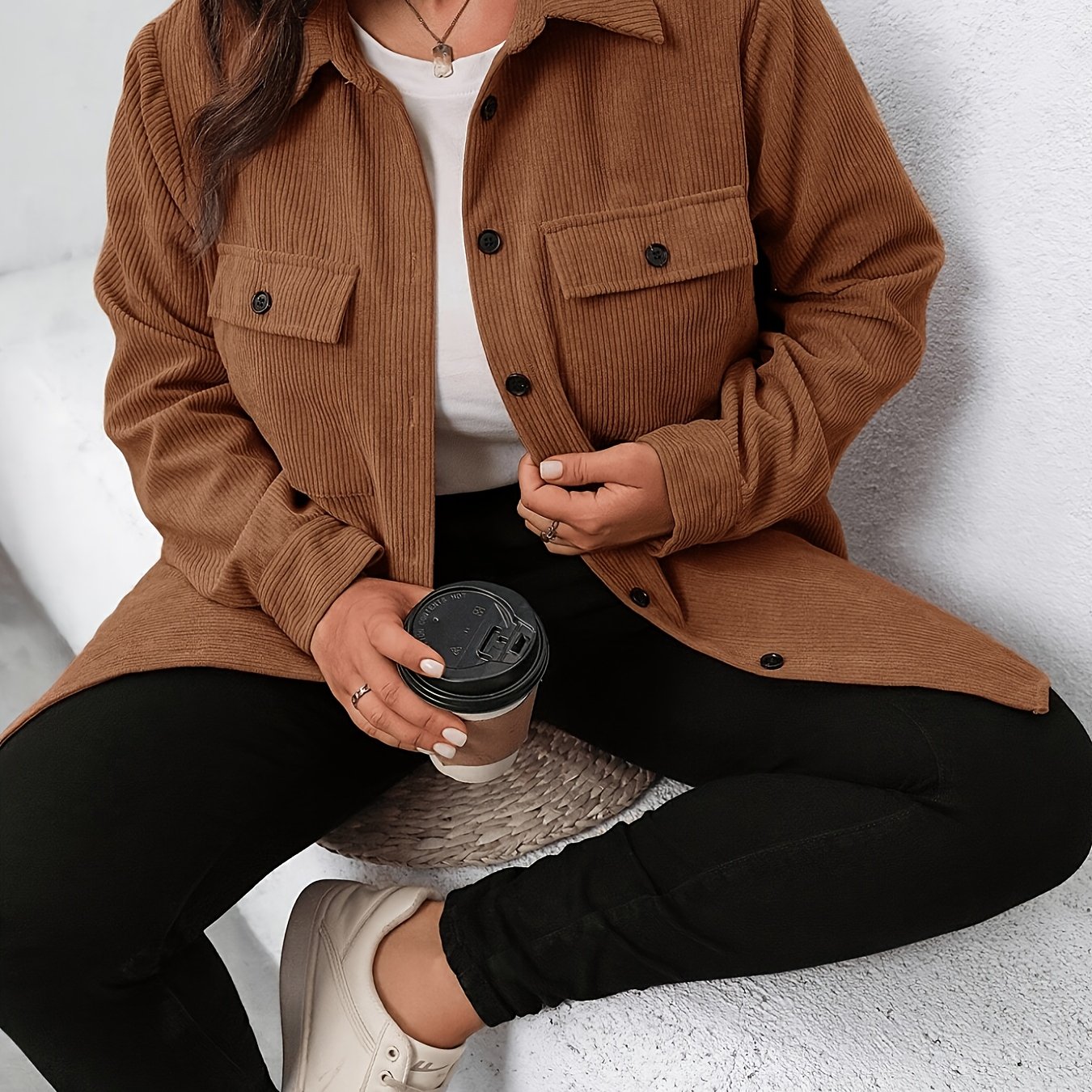 TEMU Veste décontractée grande taille, veste grande taille pour femme en velours côtelé de couleur unie à manches longues, boutonnée sur le devant