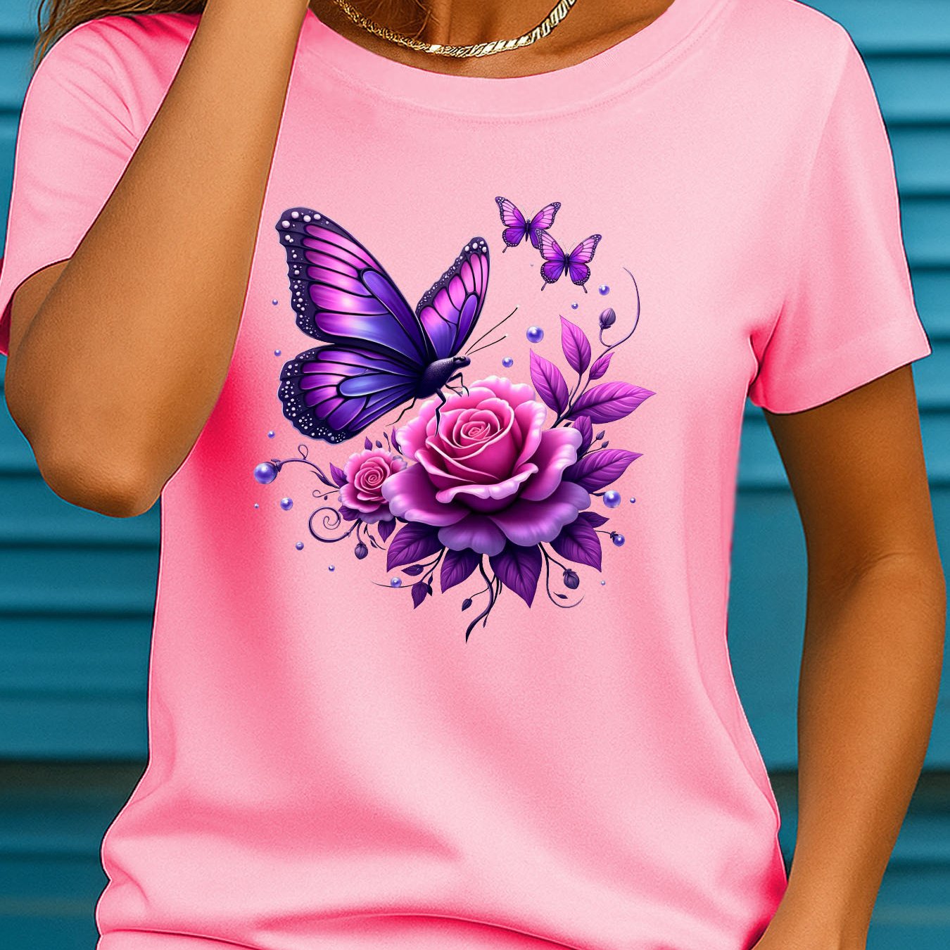TEMU Women's Soft Breathable Purple & Rose Print T-shirt - Summer Casual Round Neck Short Sleeve Blouse-compatible Top Suitable For Casual Attire,