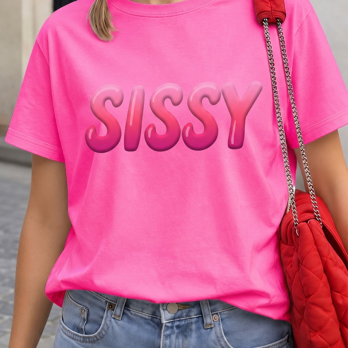 TEMU Daily Casual Short Sleeve Tops, Minimal Sissy Graphic Pattern Printing Crew Tee For Sweet