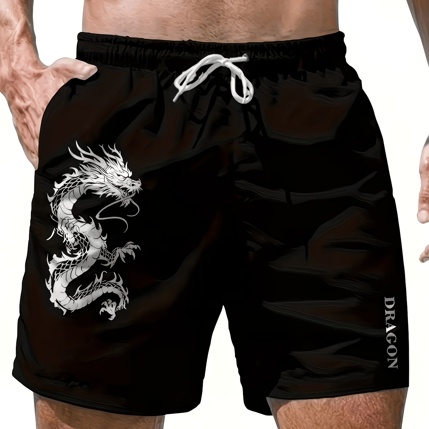 TEMU Men's Heavyweight Chinese Dragon Print Shorts - 100% Polyester Breathable Athletic Swim Shorts Suitable For Gym, Beach, Martial Arts Training &