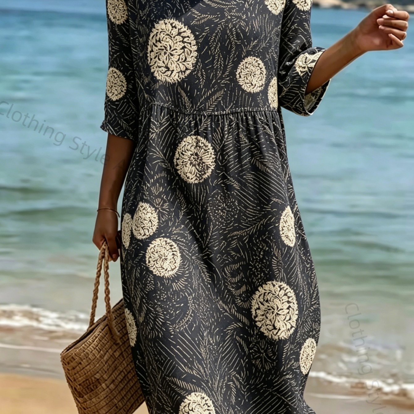 Image of Plus Size, New Arrival Plus Size Round Neck Dress Round Neck Loose 3 Quarter Sleeve Beige Dandelion Leaf Print Daily Outfit Wear