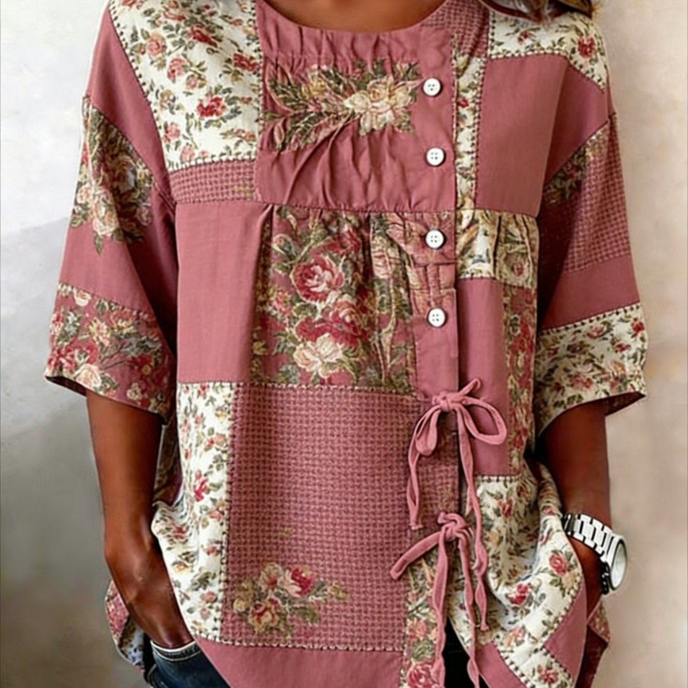 Image of Plus Size - Rose Print Crew Neck Button- Shirt, Suitable For Casual Office, Women's Casual Loose Summer Shirt, Fashionable And Versatile, Suitable For Spring And Autumn, Is For Her