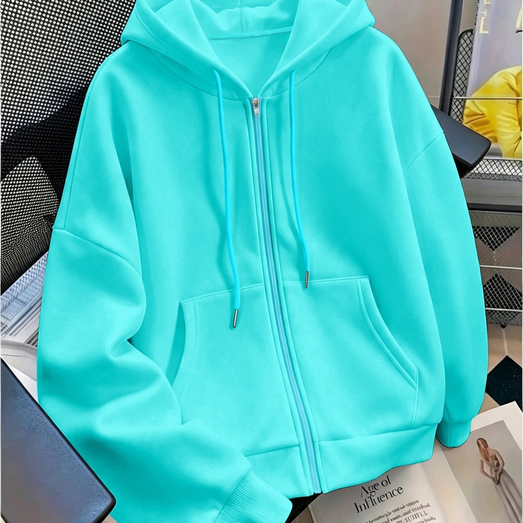 TEMU Women's New Fashionable Solid Color Versatile Zip-up Drawstring Hooded Sweatshirt, Autumn/winter -lined Thickened Kangaroo Pocket Loose Cardigan