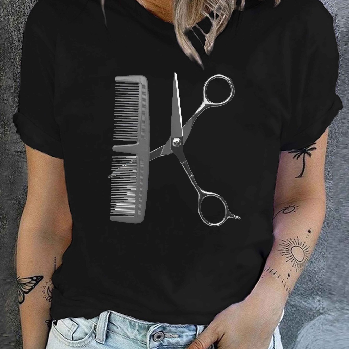 TEMU Maglietta Donna con Stampa K e & Forbici - Corta Top Casual, Abbigliamento per Parrucchieri, Outfit Estate, e Lavabile in Lavatrice