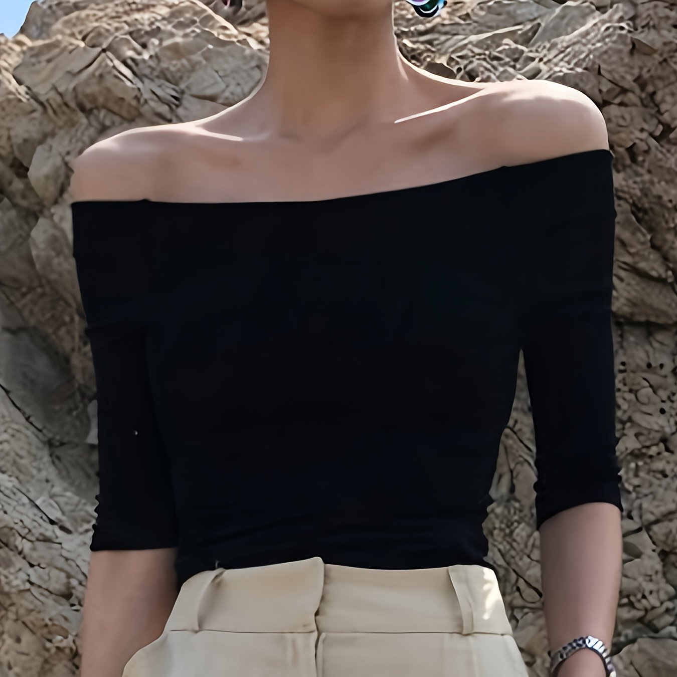 TEMU Slim Fit V-neck Off-shoulder Fitted Long-sleeve Crop Top For Spring, Summer, And Autumn - Elegant Polyester Shirt