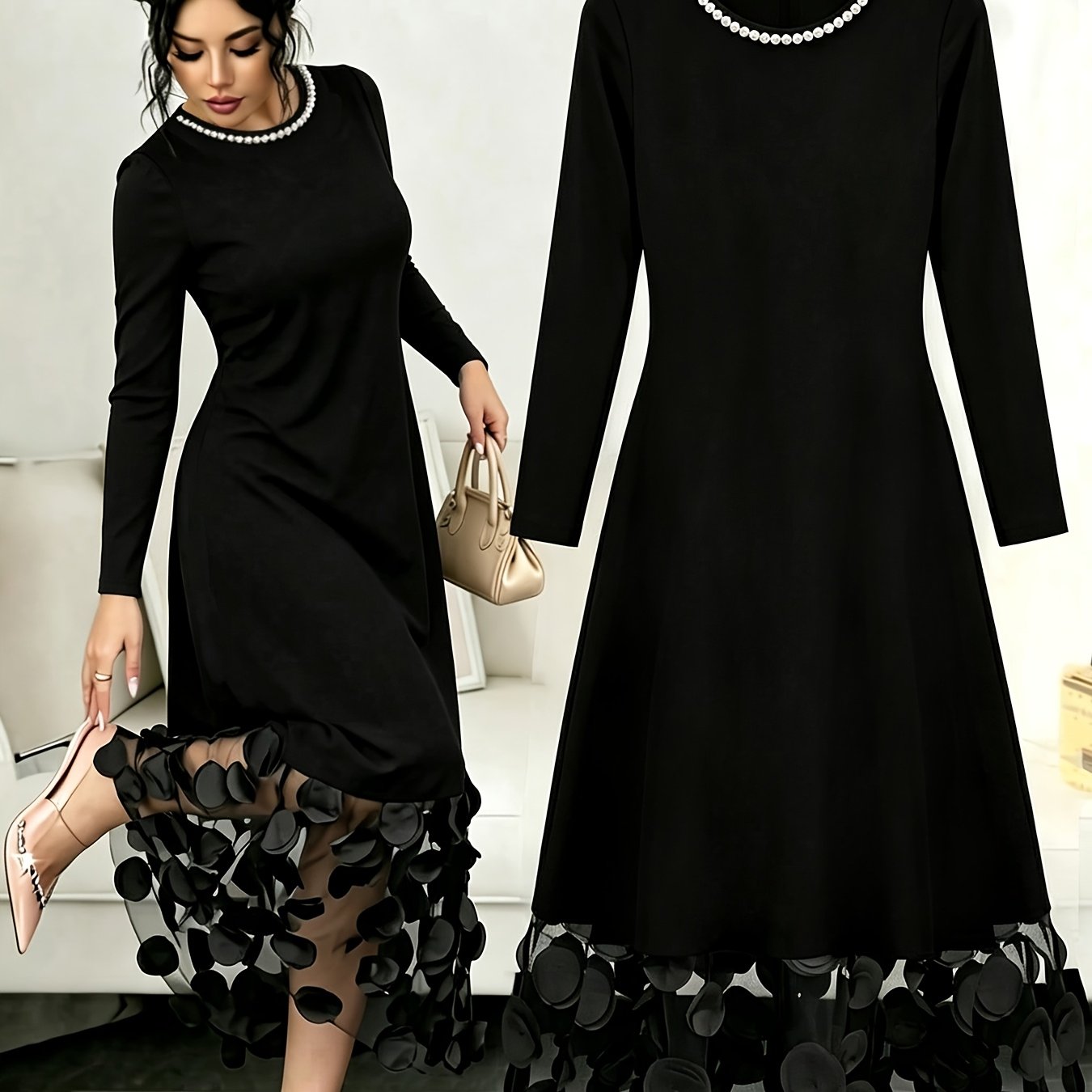 TEMU Autumn New Style Fashion Solid Color Round Neck Versatile Long Sleeve Elegant Women's Dress, Featuring 3d AppliquÃ© And Beaded The Neckline,