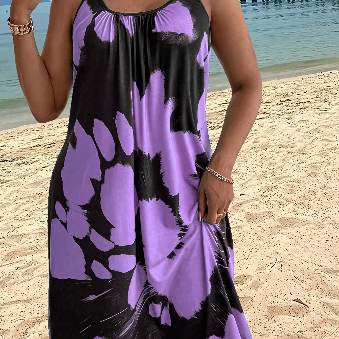 Image of Plus Size - Plus Size - Plus-size Bohemian Vacation Dress, Women's Spring Summer Casual Strapless Tie-dye Stretch Dress (83-117)