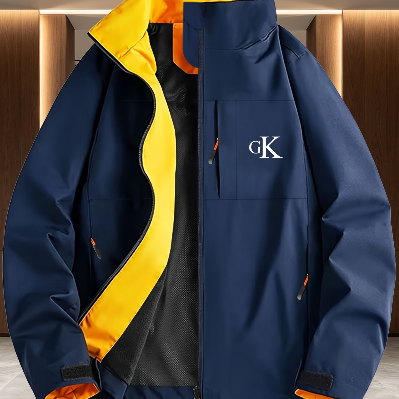 TEMU Gk Letter Print Navy Blue Lining White Full-zip Stand Collar Windproof Jacket Men Women Spring Autumn Multi- Casual Outdoor Shell Jacket Winter