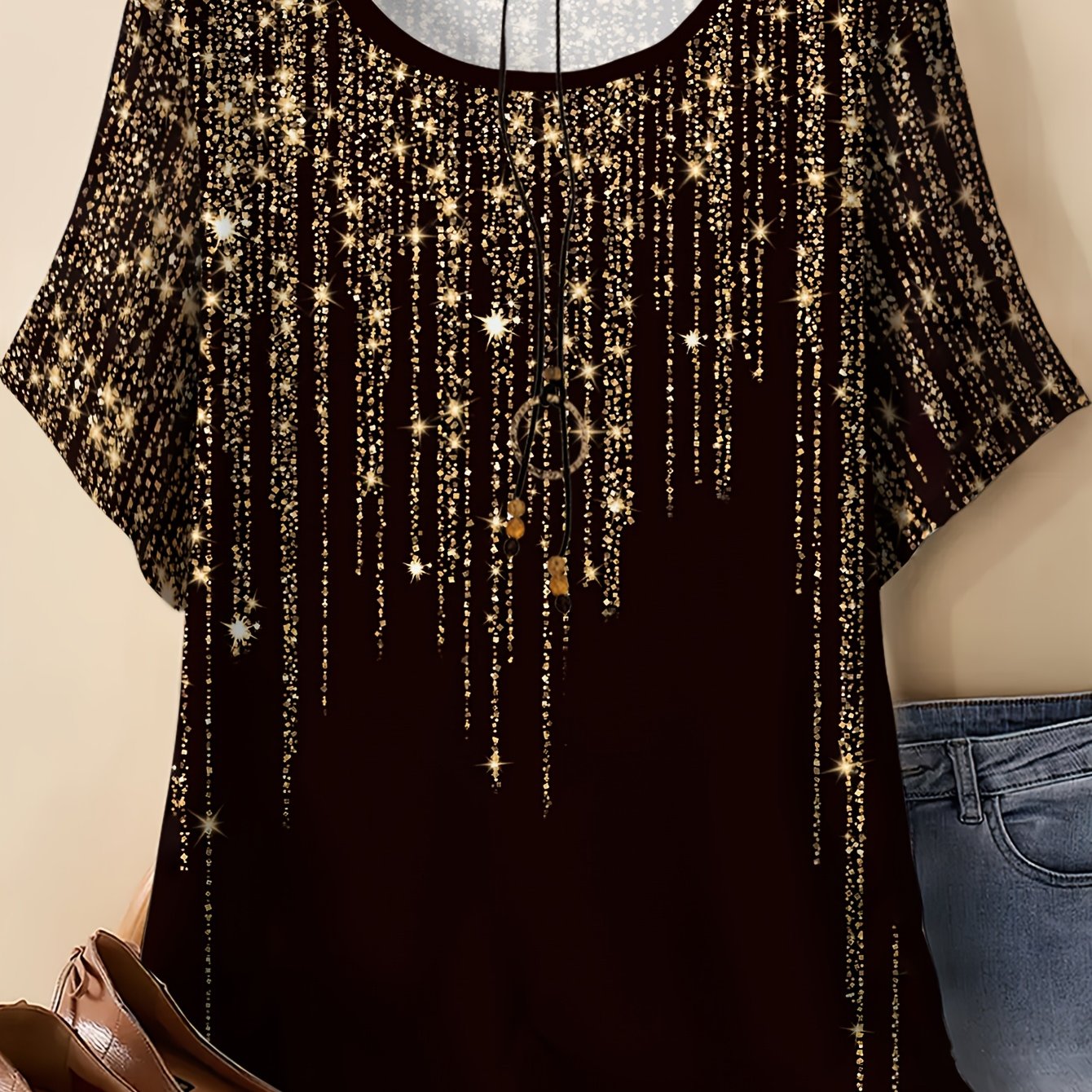 TEMU Plus Size Women's Round Neck T-shirt With Dark Brown Base, Draping Golden Glitter Vertical Stripe Sequin Print, Loose , Lightweight And