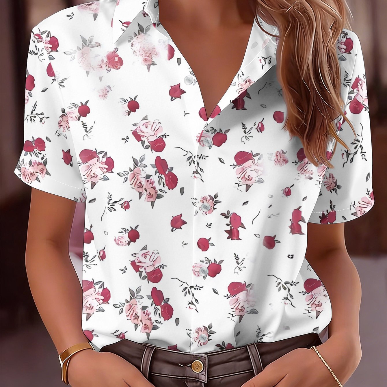 TEMU 2026 New Women's Short Sleeve Shirt, Floral Scattered Print, Soft And Elegant Temperament Daily Casual Versatile Top, Machine Washable