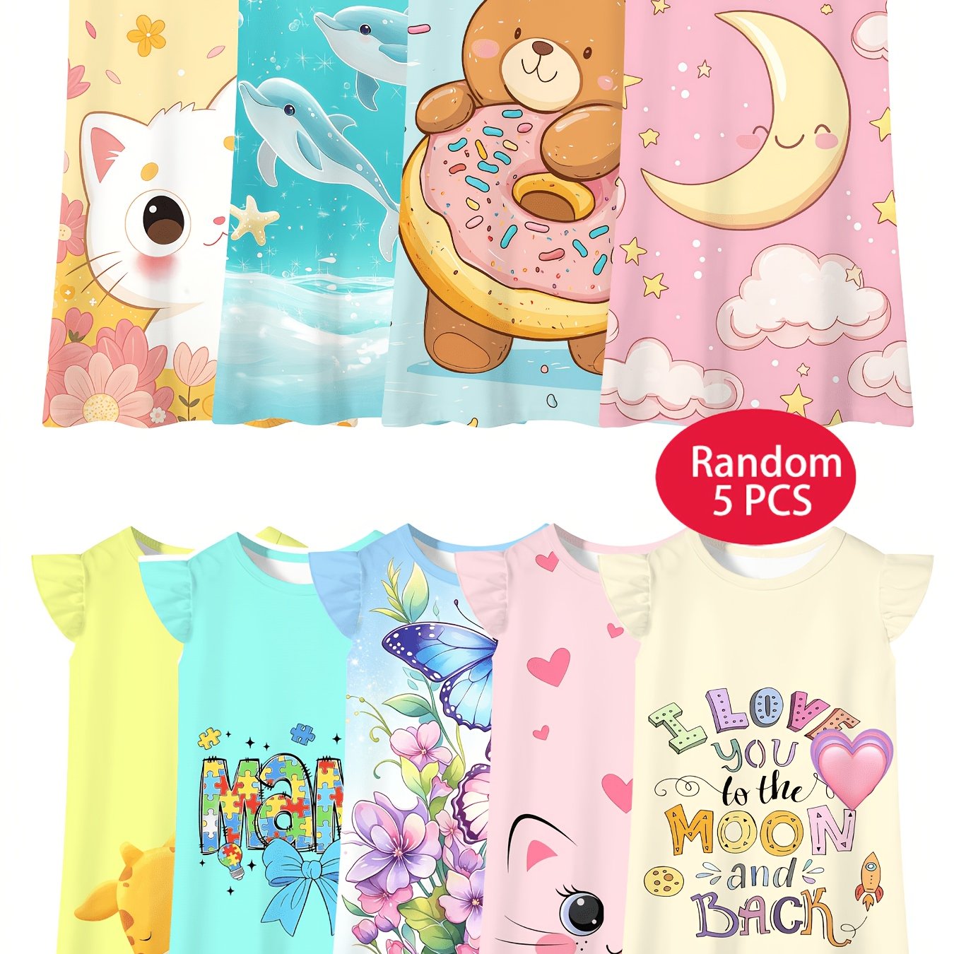 Image of 5pcs Random Assortment, Girls' Four-season Umbrella-shaped Nightgown, Cat And Moon Pattern, Comfortable And Breathable Fabric, Suitable For Girls Aged 3, For Indoor Living Room And Bedroom Wear
