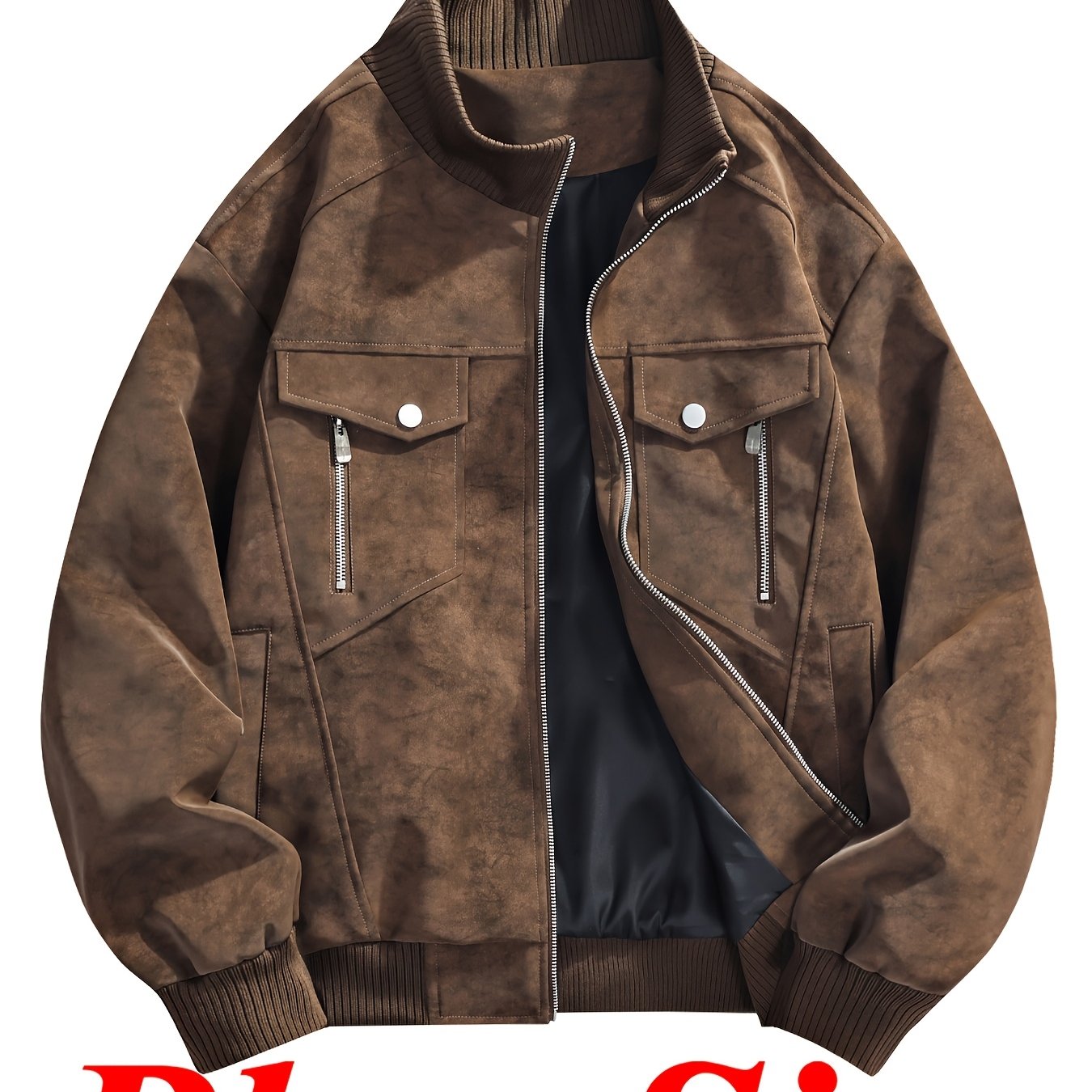 TEMU Men's Plus Size 0xl-6xl /autumn Reaction Street Trend Versatile Stand Collar Zipper Pu Leather Jacket, Solid Color Versatile Loose Casual Pu