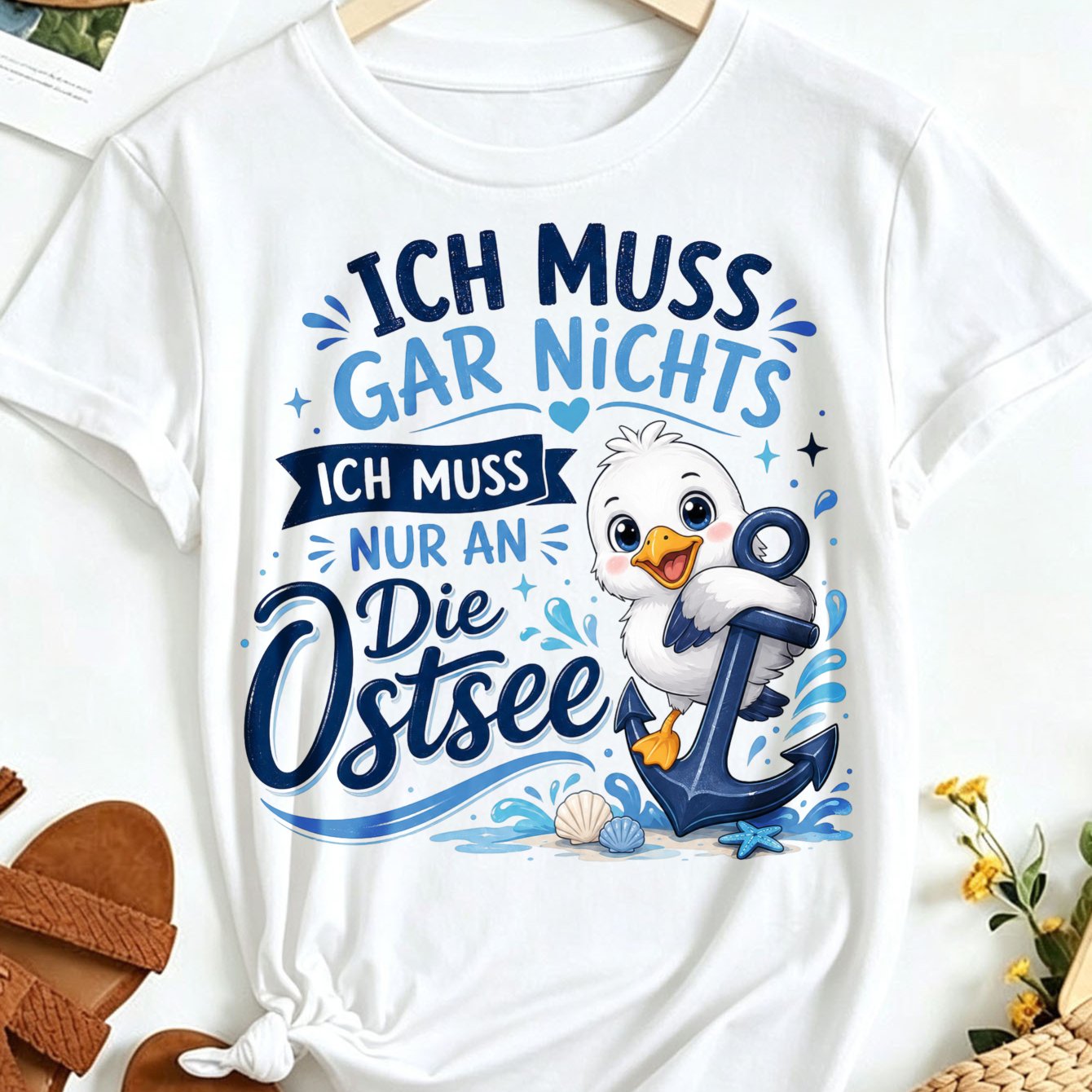 Image of Cute Sea German Quote T-shirt Smiling Seagull On Anchor With Waves Seashells Starfish And Blue Script Unisex T-shirt