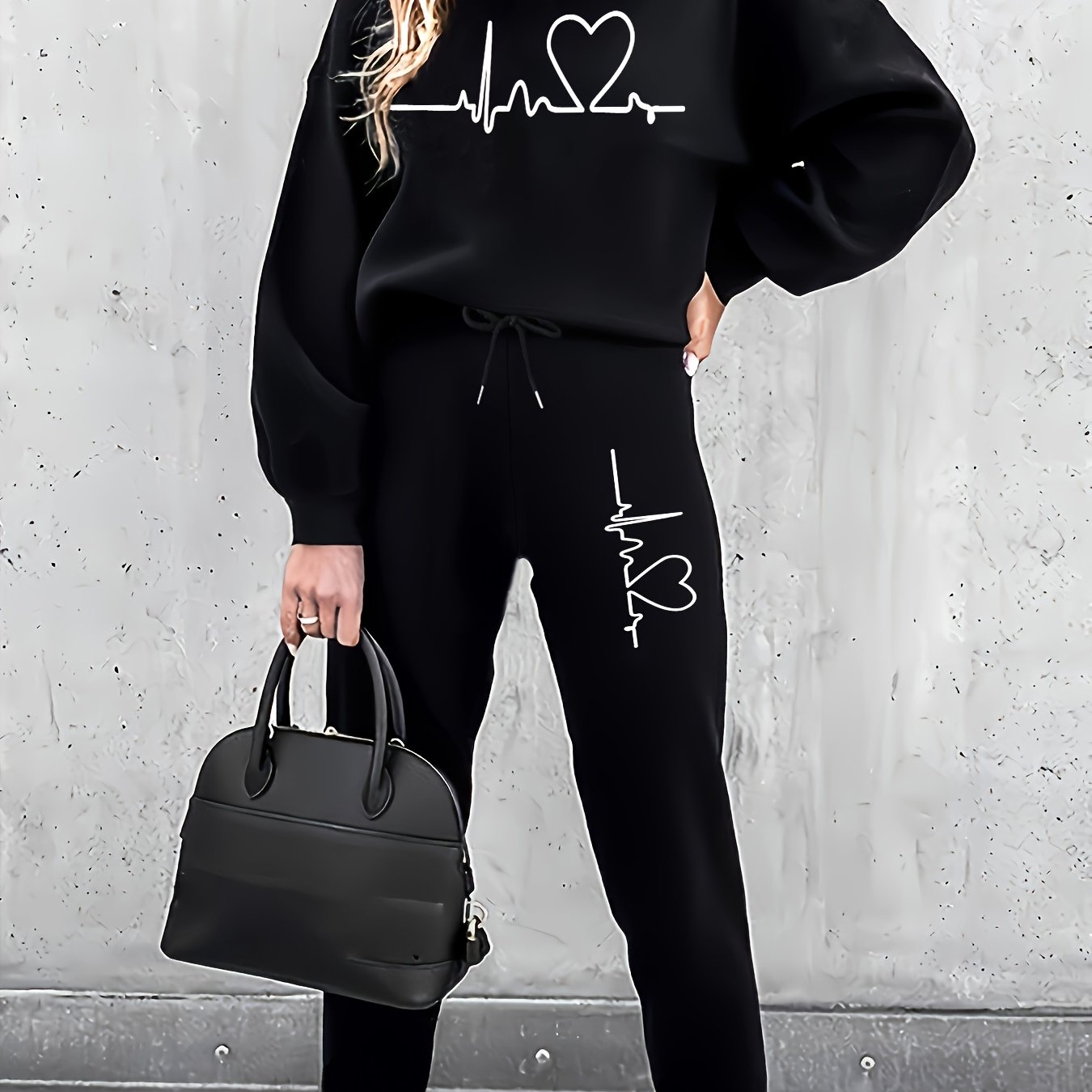 Autumn And Print Two-piece Set, Women's Casual Long-sleeve Padded S Top And Drawstring Jogger Pants Set